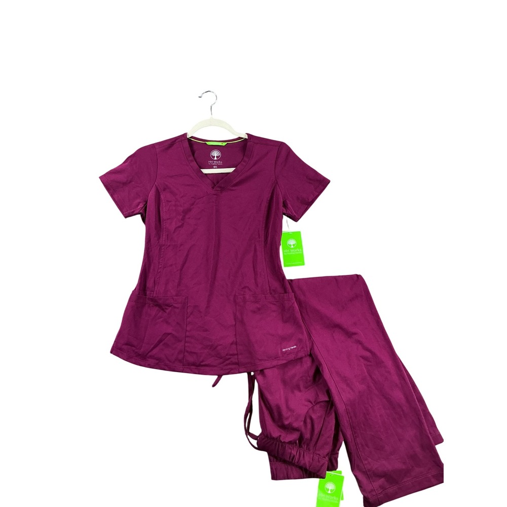 HH Works by Healing Hands Monica Scrub Set XXS Wine Burgundy V-Neck Cargo Pants